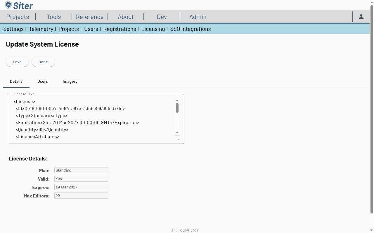 Update System License page with license text pasted and validated details showing plan, validity, expiration, and max editors