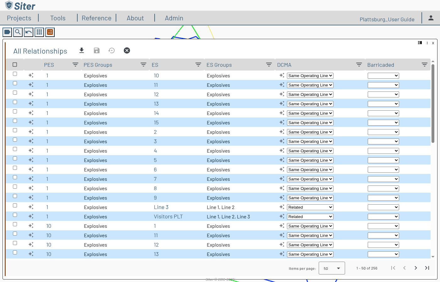 All Relationships dashboard in edit mode with selection checkboxes, per-cell lock toggles, related-code dropdowns, and a Barricaded dropdown