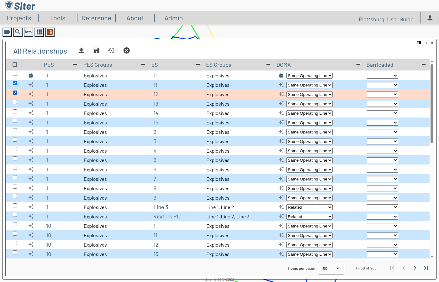 Edit mode with two rows selected by checkbox and one criteria cell showing the locked override icon