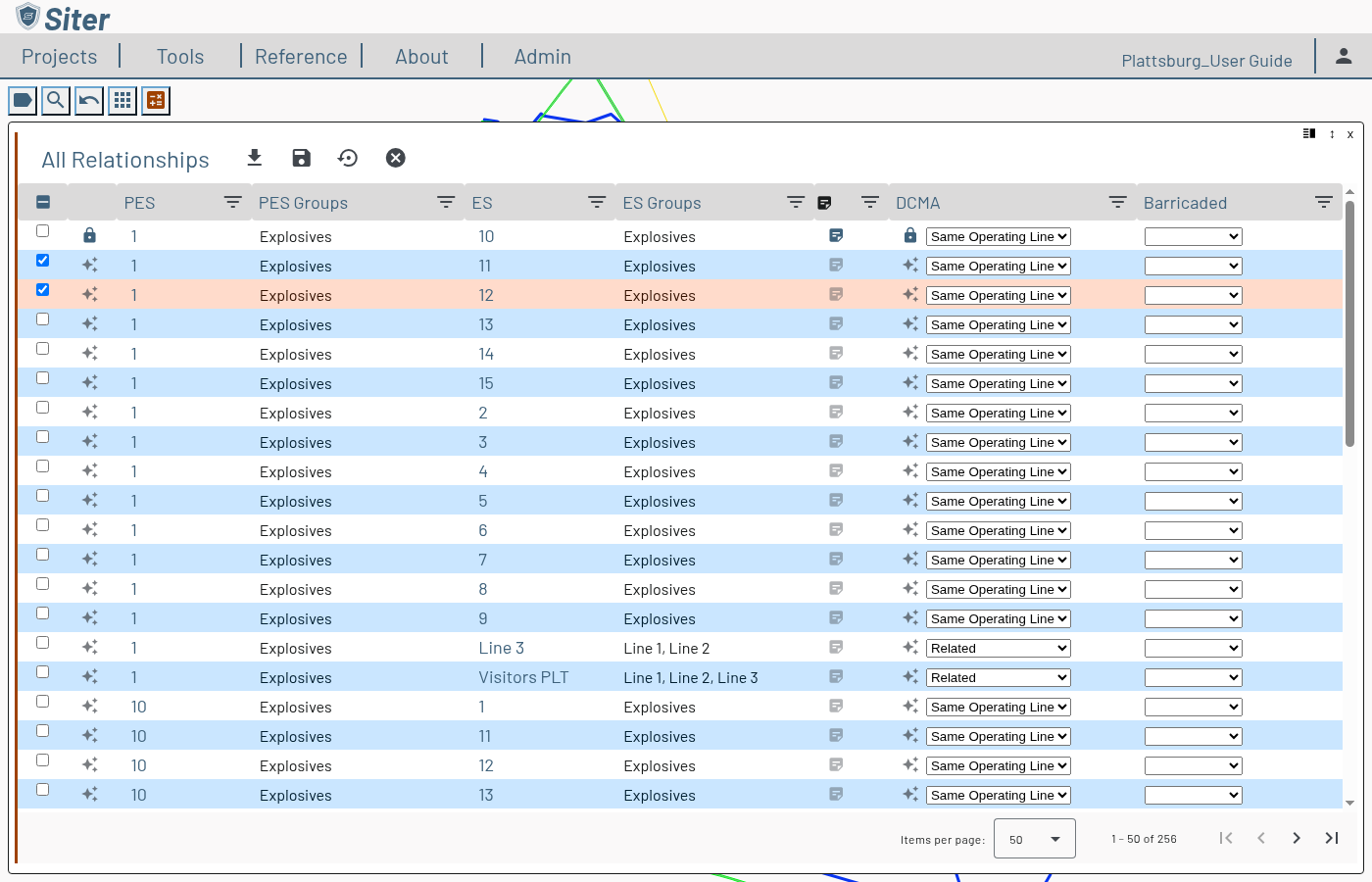 Edit mode with two rows selected by checkbox and one criteria cell showing the locked override icon