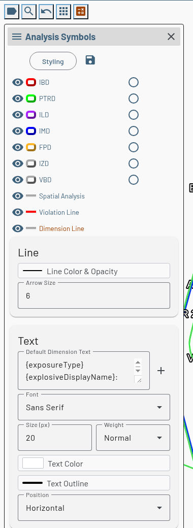 Dimension Line row expanded to show the Line card (Line Color &amp; Opacity, Arrow Size) and the Text card (Default Dimension Text, Font, Size, Weight, Text Color, Text Outline, Position)