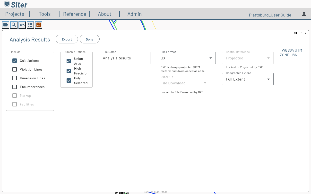 Analysis results export options with Include checkboxes, Graphic Options, and File Format set to DXF