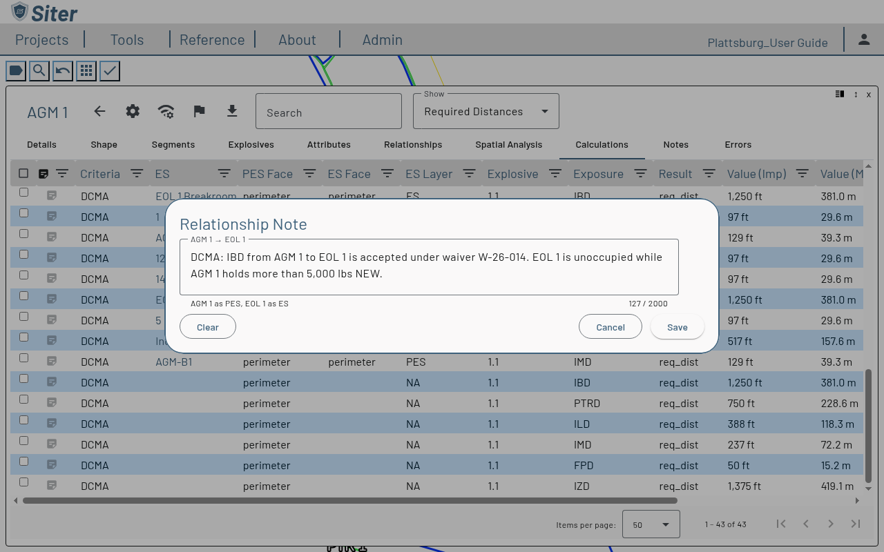 Relationship Note dialog opened from the AGM 1 → EOL 1 row on the AGM 1 Calculations tab, with the note field, character counter, Clear, Cancel, and Save