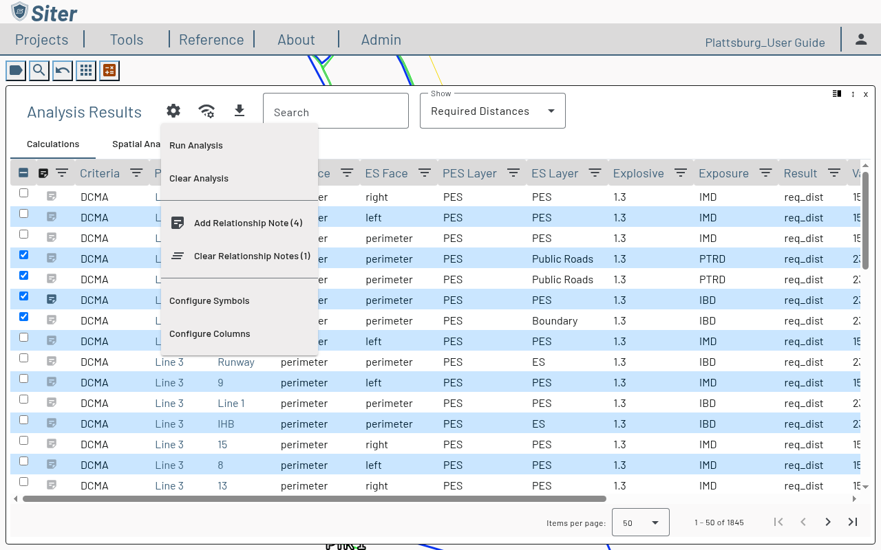 Analysis Results Options menu on the Calculations tab with four rows selected, showing Add Relationship Note (4) and Clear Relationship Notes (1)