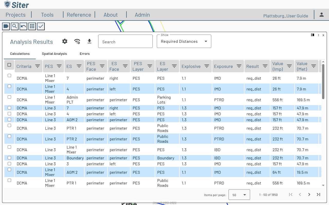 Analysis Results panel showing the Calculations tab with 1,850 calculation rows across Criteria, PES, ES, Face, Layer, Explosive, Exposure, Result, and Value columns
