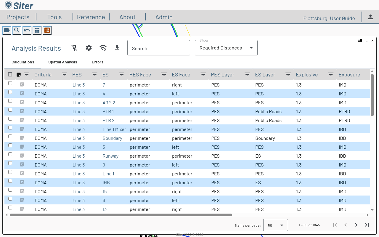 Analysis Results panel showing the Calculations tab with 1,845 calculation rows across Note, Criteria, PES, ES, Face, Layer, Explosive, Exposure, Result, and Value columns