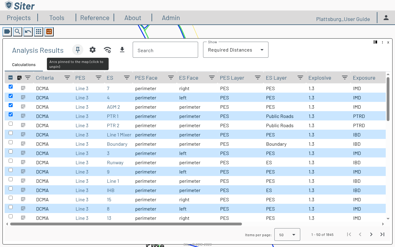 Analysis Results toolbar with the pin button turned on, beside the Options, Arc Tools, and Export Tools buttons