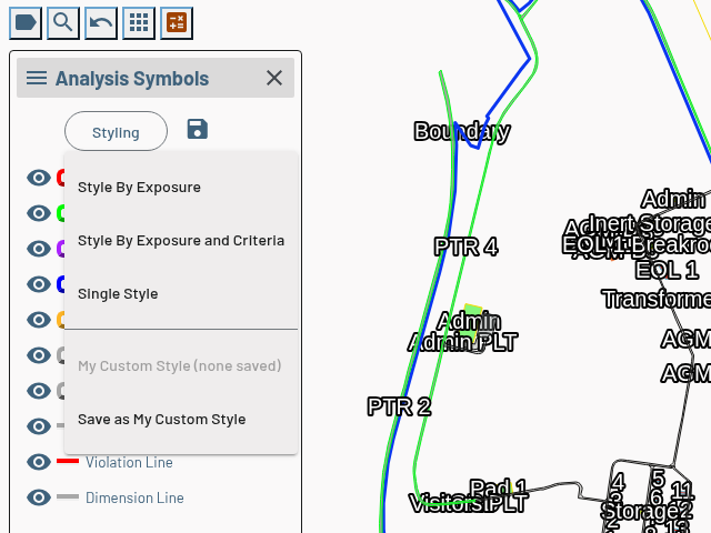 Styling menu open in the Analysis Symbols sidebar, showing Style By Exposure, Style By Exposure and Criteria, Single Style, My Custom Style (none saved), and Save as My Custom Style