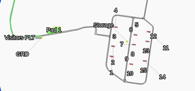 Map of a storage area where labels have moved off crowded facilities, each joined to its facility by a dashed leader line