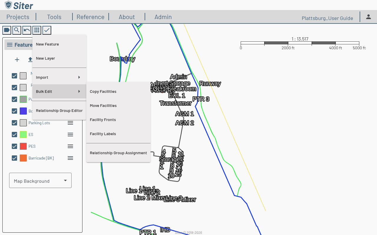 Bulk Edit submenu showing Copy Facilities, Move Facilities, Facility Fronts, Facility Labels, and Relationship Group Assignment options