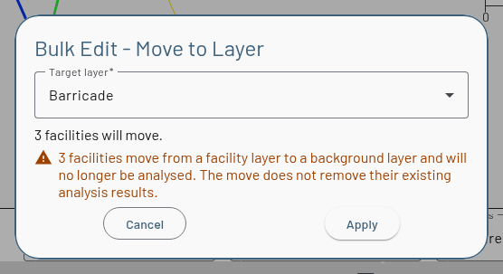 Move to Layer dialog with Barricade chosen as the target layer, 3 facilities will move, and a warning that they move to a background layer and will no longer be analysed