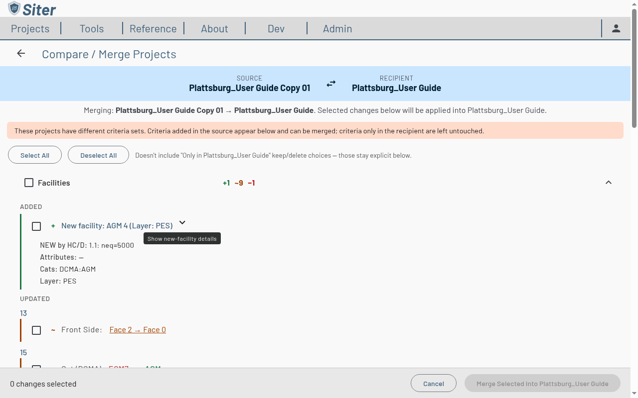 Added facility row expanded to show NEW by HC/D, attributes, categories, and target layer