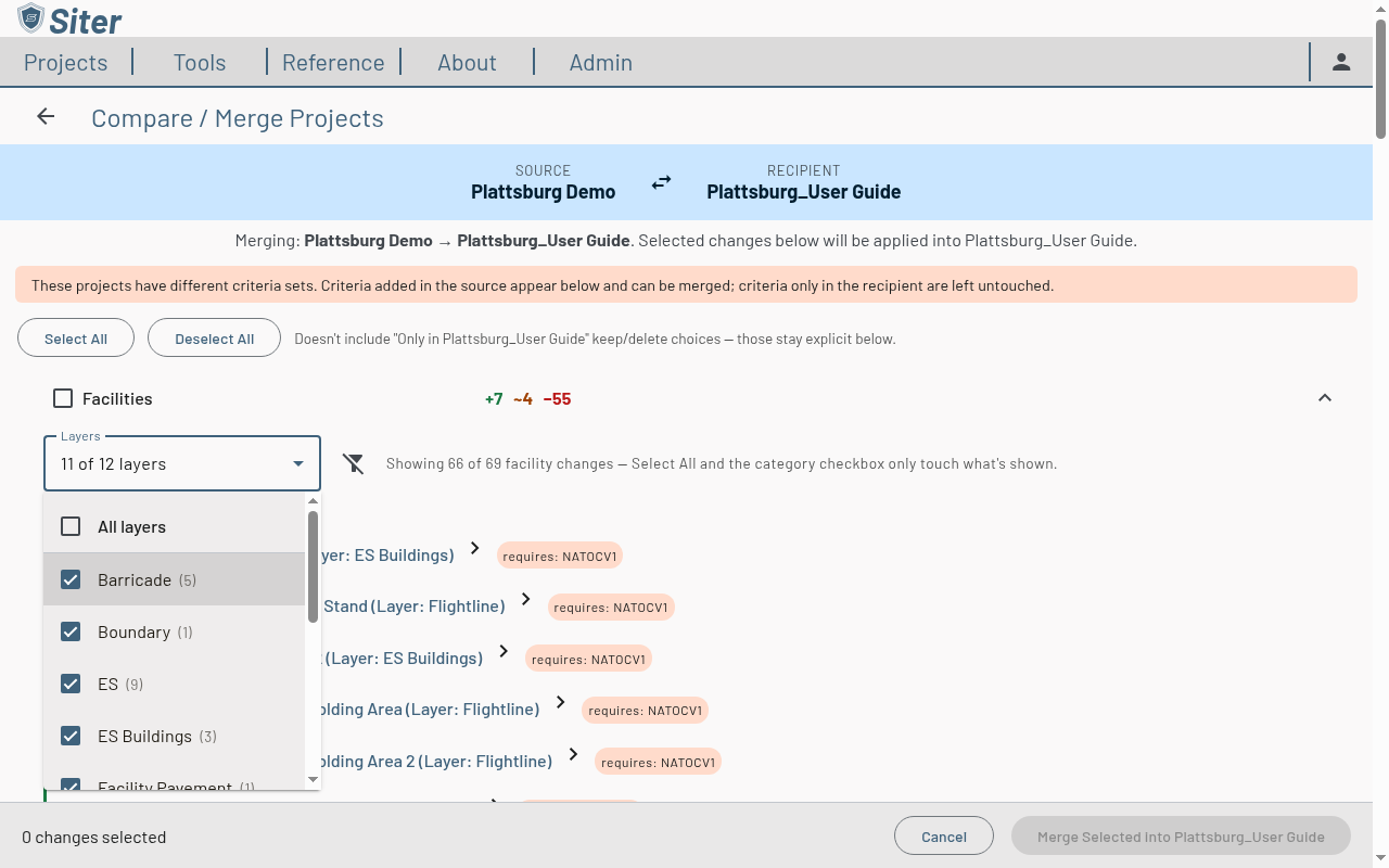 Layers drop-down open above the Facilities rows, listing All layers and each layer with its change count
