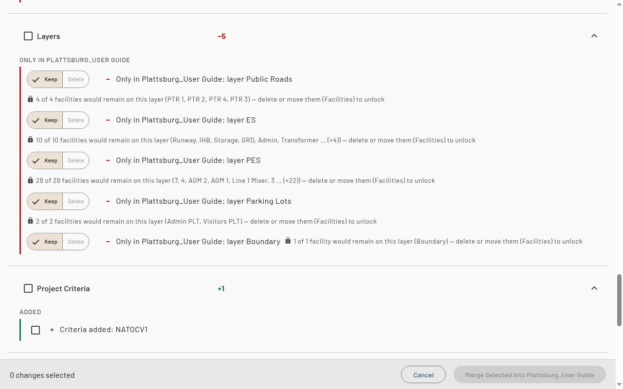 Layers section listing five layers only in the recipient, each with Keep selected and Delete locked, and a note naming the facilities that would remain on the layer