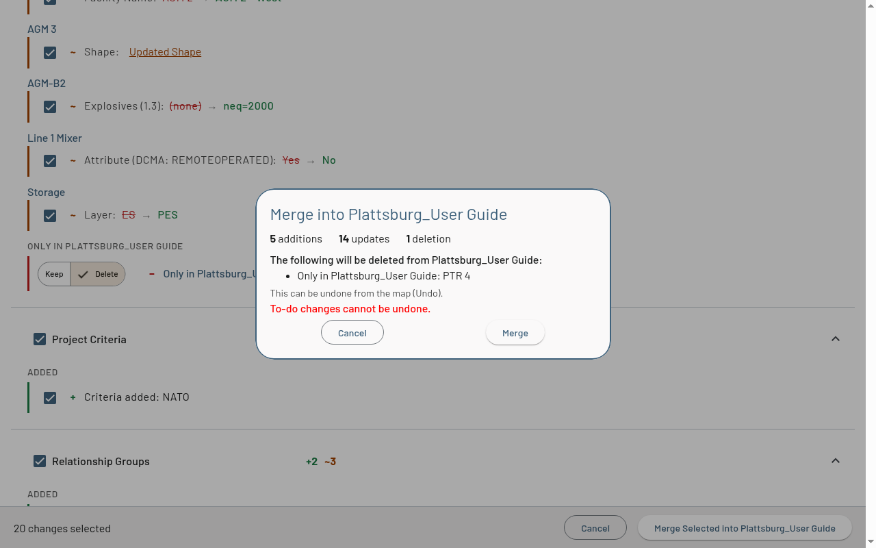 Merge confirmation dialog summarizing 5 additions, 14 updates, and 1 deletion, listing the facility to be deleted