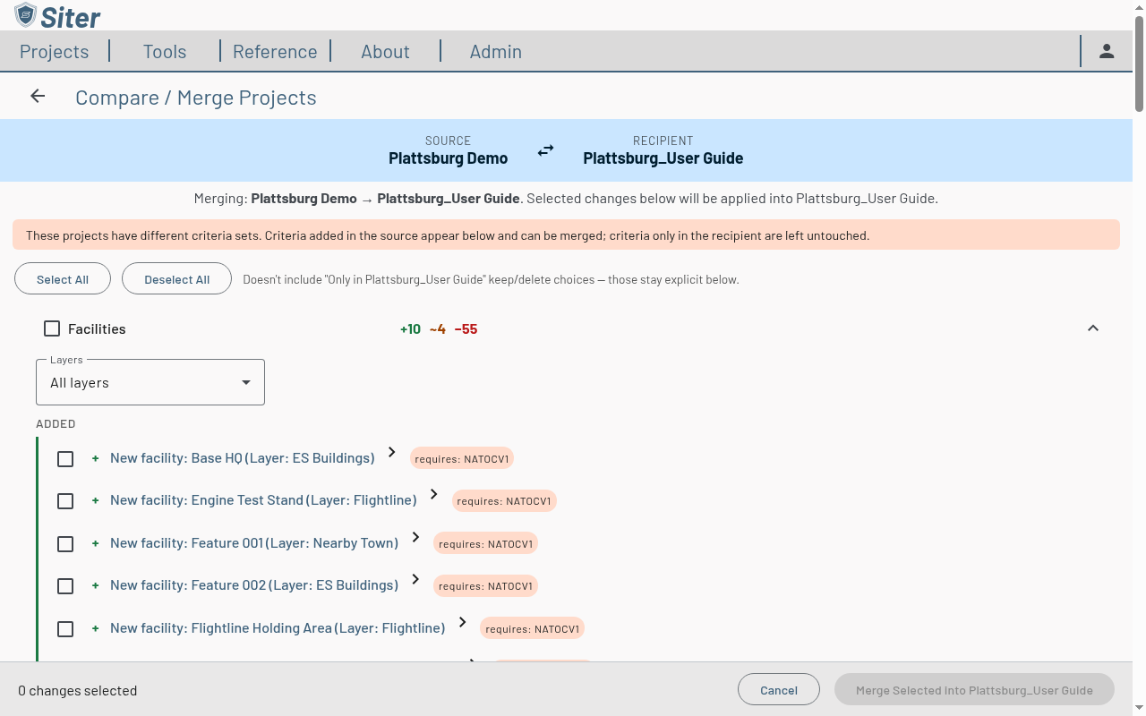 Comparison tool showing source and recipient banner, criteria notice, and the Facilities section with its layer filter and added and updated rows