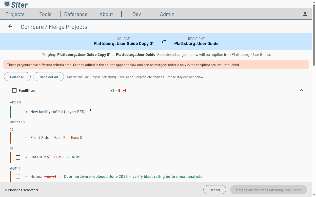 Comparison tool showing source and recipient banner, criteria notice, and the Facilities section with added and updated rows