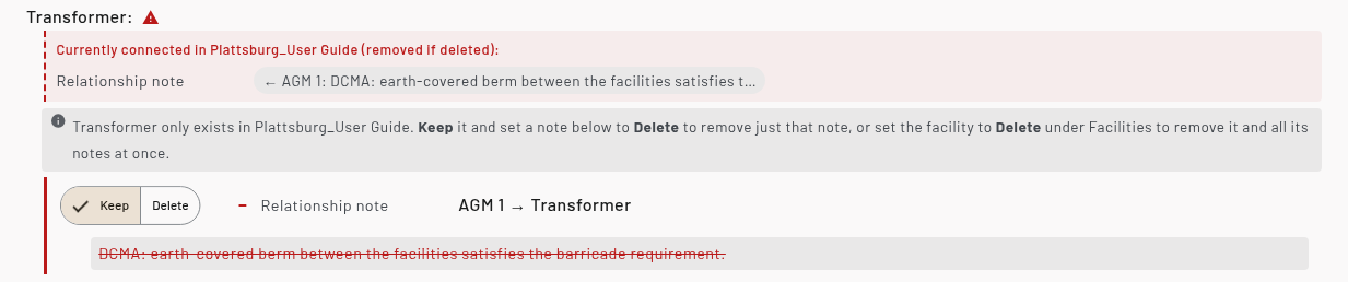 Relationship Notes heading for Transformer, a facility only in the recipient, with a warning icon, the Currently connected in Plattsburg_User Guide list, the Keep or Delete guidance, and its AGM 1 → Transformer note row
