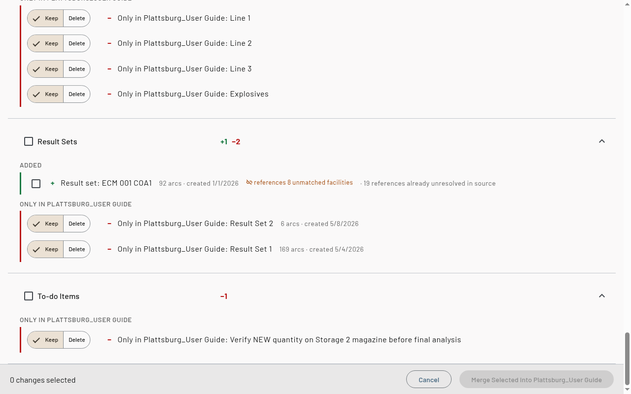 Result Sets section with an added result set that references unmatched facilities and two only-in-recipient rows with Keep and Delete
