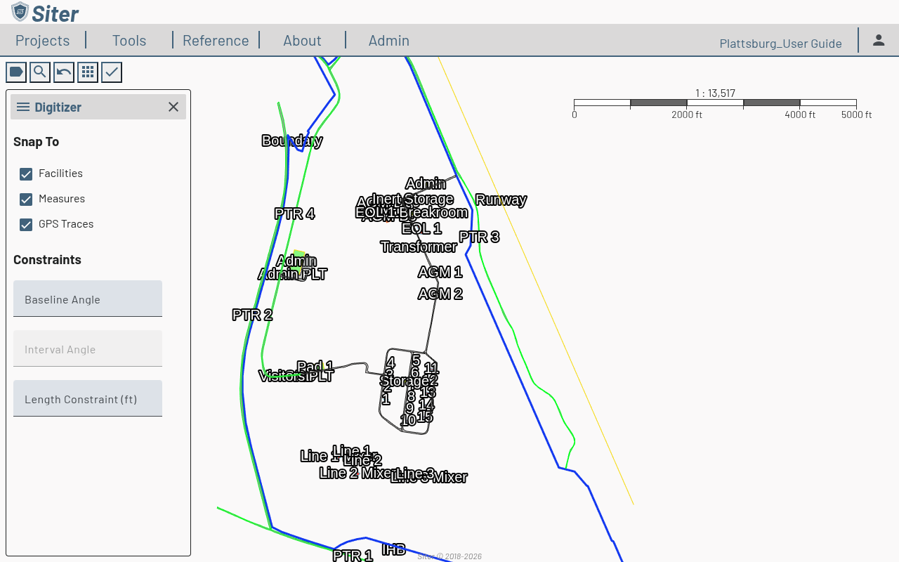 Digitizer sidebar with Snap To (Facilities, Measures, GPS Traces) and Constraints (Baseline Angle, Interval Angle, Length Constraint)
