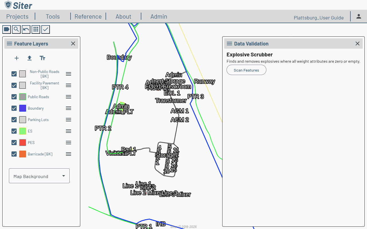 Data Validation panel open on the right side of the map, showing the Explosive Scrubber with a Scan Features button