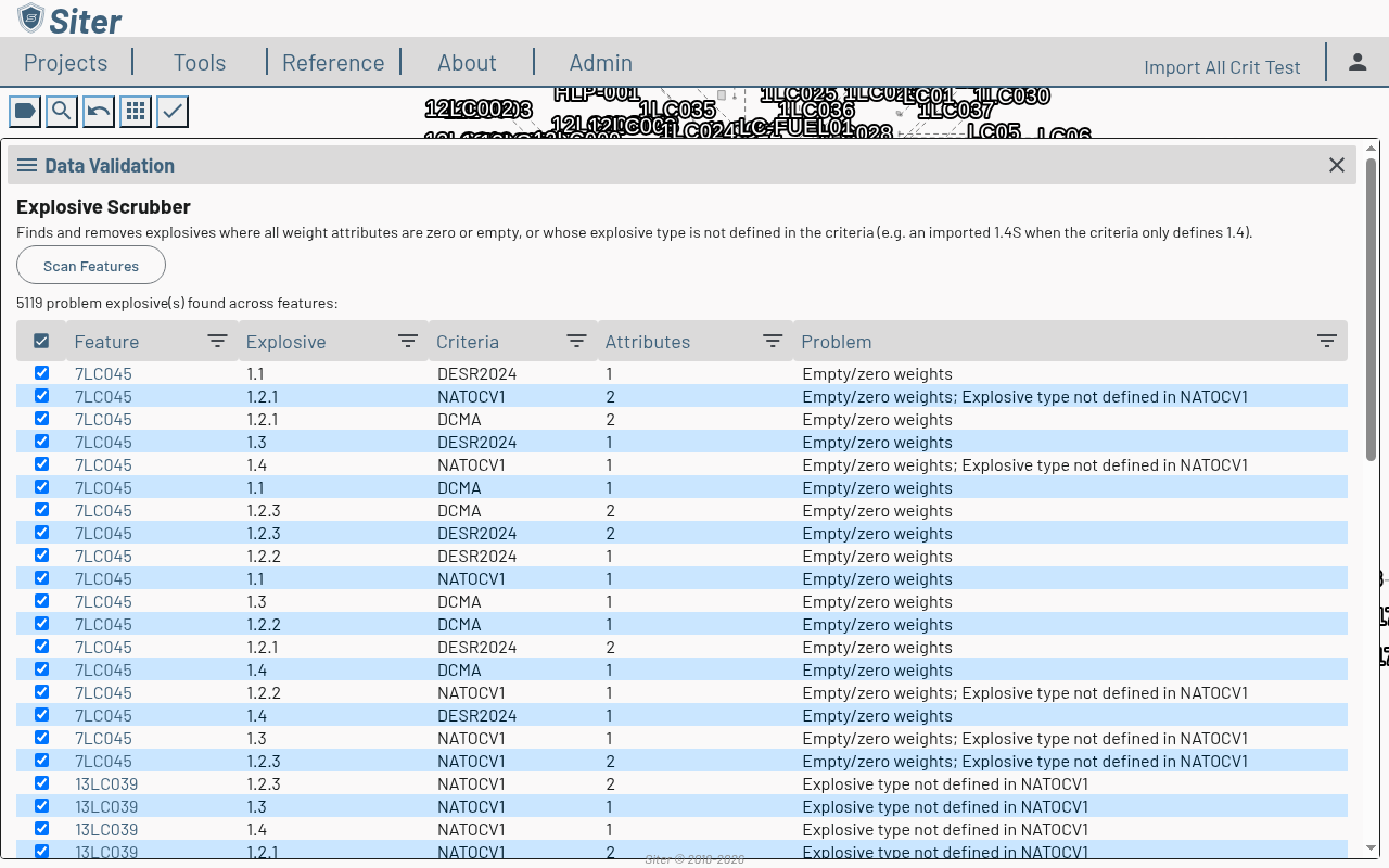 Explosive Scrubber scan results with Feature, Explosive, Criteria, Attributes, and Problem columns, listing explosives with empty or zero weights, explosives whose type is not defined in NATOCV1, and explosives with both problems