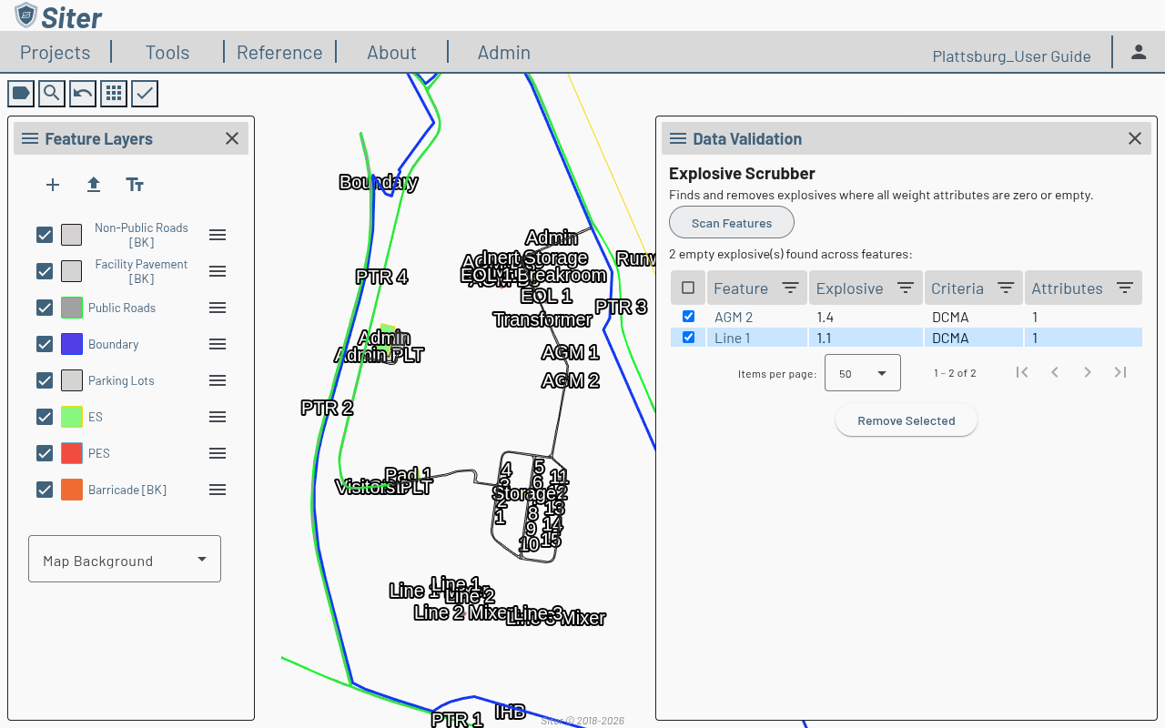 Explosive Scrubber scan results listing two empty explosives, each with a checkbox, and a Remove Selected button