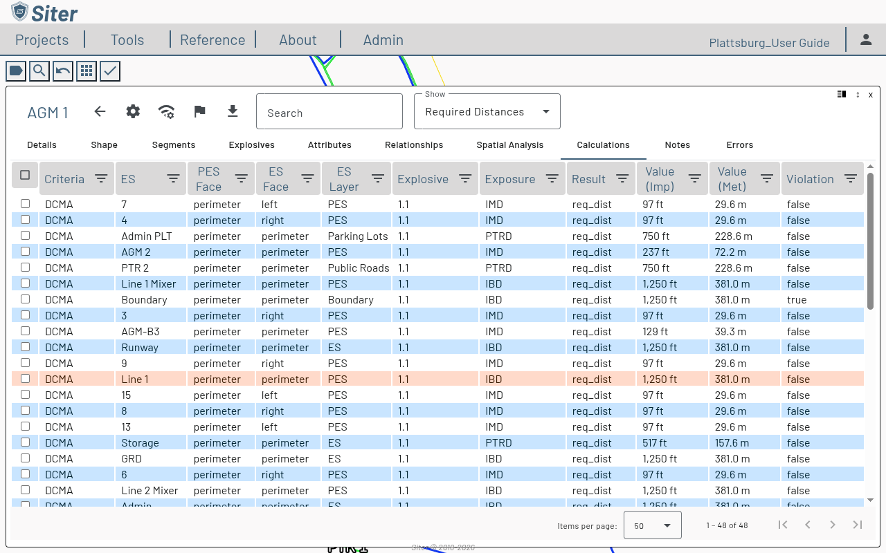 Calculations tab on the AGM 1 feature dashboard listing each criteria, ES, face, layer, explosive, exposure, result, and value row