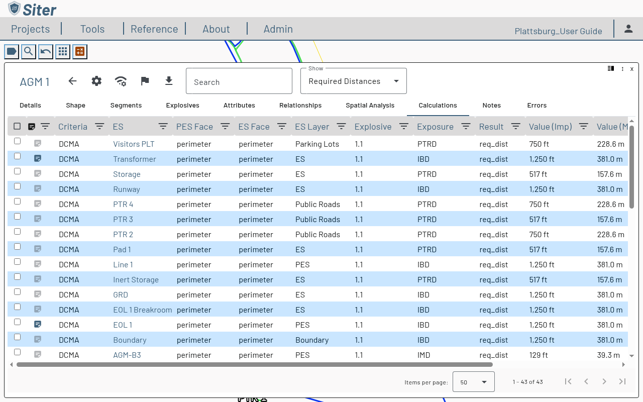 Calculations tab on the AGM 1 feature dashboard listing each criteria, ES, face, layer, explosive, exposure, result, and value row