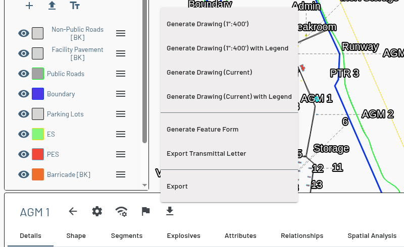 Feature dashboard Export Tools menu showing the Generate Drawing options, Generate Feature Form, Export Transmittal Letter, and Export