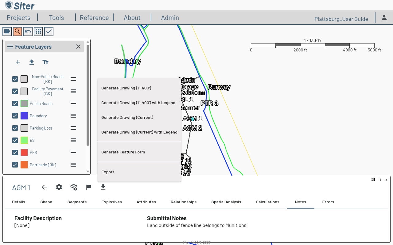 Feature dashboard download menu showing Generate Drawing options, Generate Feature Form, and Export