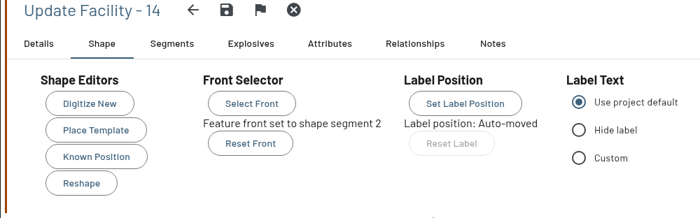 Shape tab of a facility, with Label position: Auto-moved under the Set Label Position button