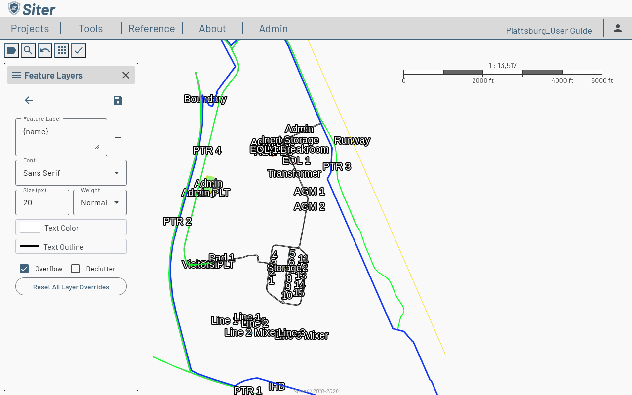 Feature label editor showing the Feature Label template field, Font, Size, Weight, Text Color, Text Outline, Overflow, and Declutter controls