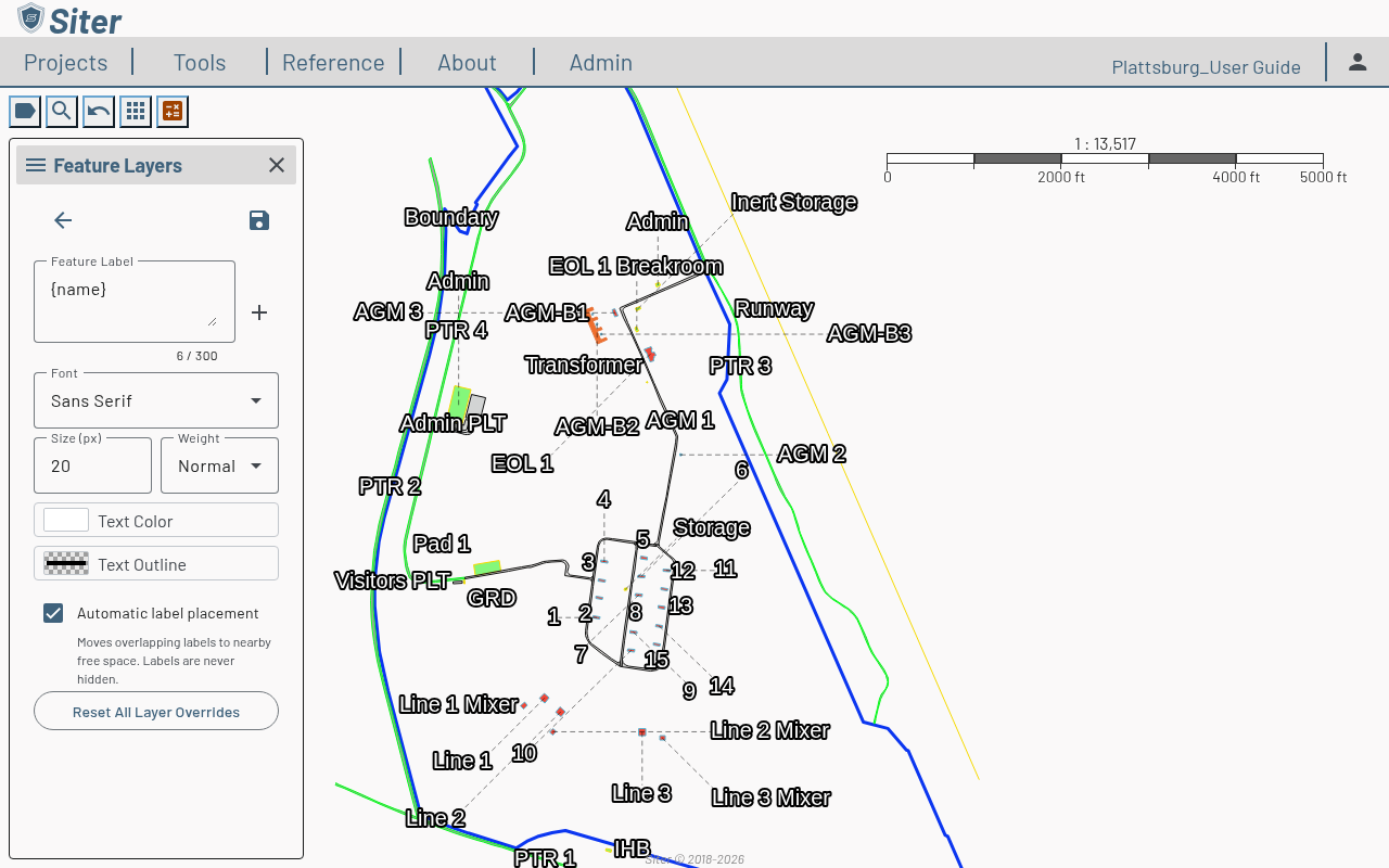 Feature label editor showing the Feature Label template field, Font, Size, Weight, Text Color, Text Outline, and the Automatic label placement checkbox, with moved labels and dashed leader lines on the map