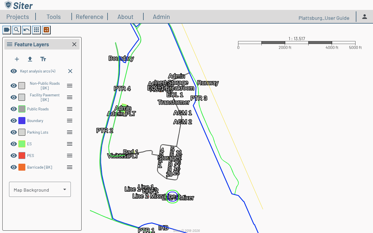 Feature Layers sidebar with the Kept analysis arcs entry at the top, showing its eye, count link, and clear button