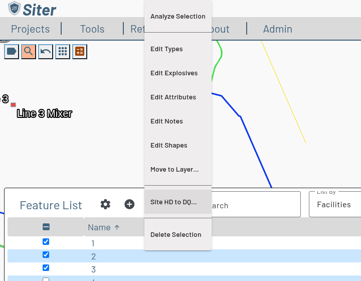 Feature List bulk actions menu with Move to Layer… between Edit Shapes and Site HD to DQ…