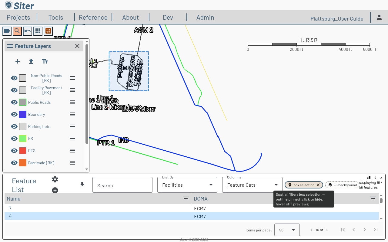 Feature List filtered by a box selection with the selection outline pinned on the map and a +5 background chip