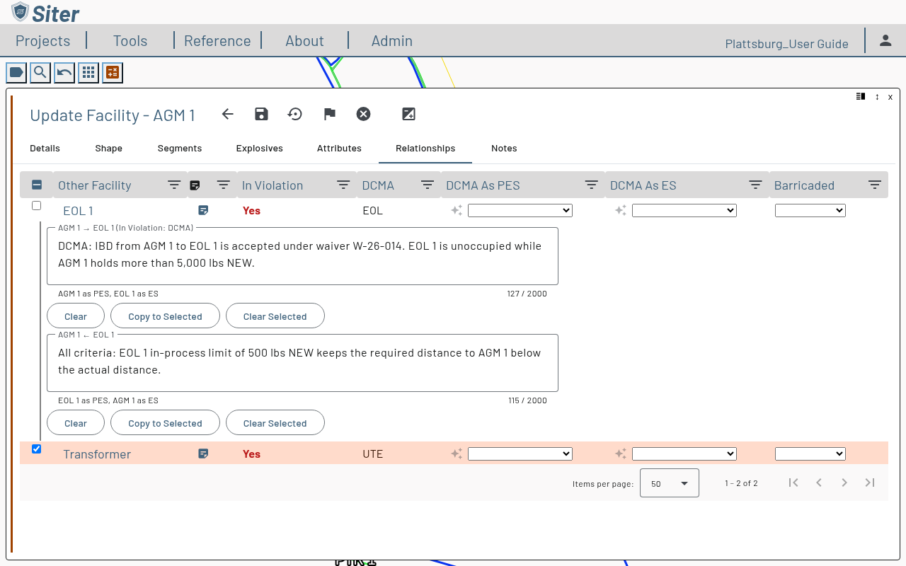Relationships tab in the AGM 1 feature editor with the EOL 1 note expanded, showing the AGM 1 → EOL 1 and AGM 1 ← EOL 1 fields with their character counters and Clear, Copy to Selected, and Clear Selected buttons