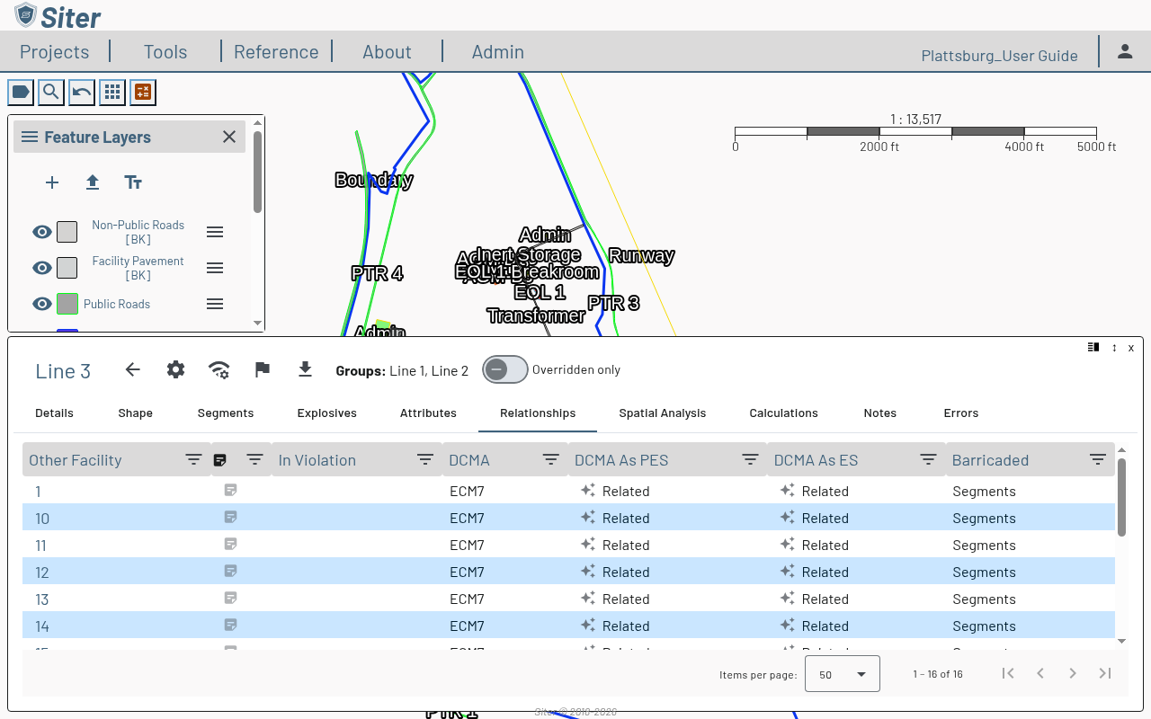 Relationships tab on the Line 3 feature dashboard with the Overridden only filter toggle and the Barricaded column reading Segments