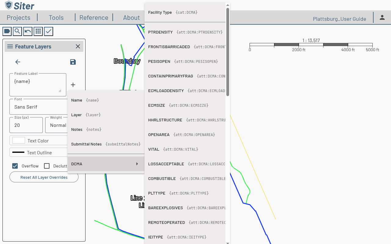 DCMA submenu listing Facility Type and per-attribute tokens such as REMOTEOPERATED and VITAL