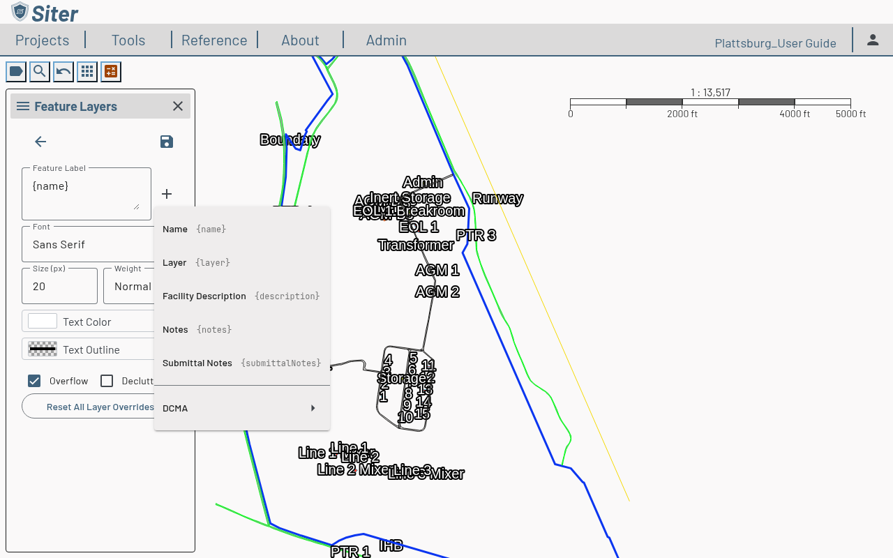 Insert-variable menu listing Name, Layer, Facility Description, Notes, and Submittal Notes tokens, plus a per-criteria submenu