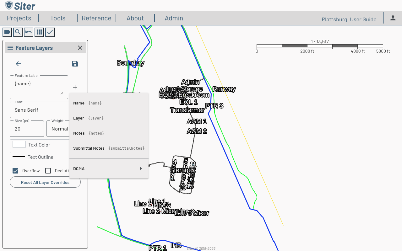 Insert-variable menu listing Name, Layer, Notes, and Submittal Notes tokens, plus a per-criteria submenu