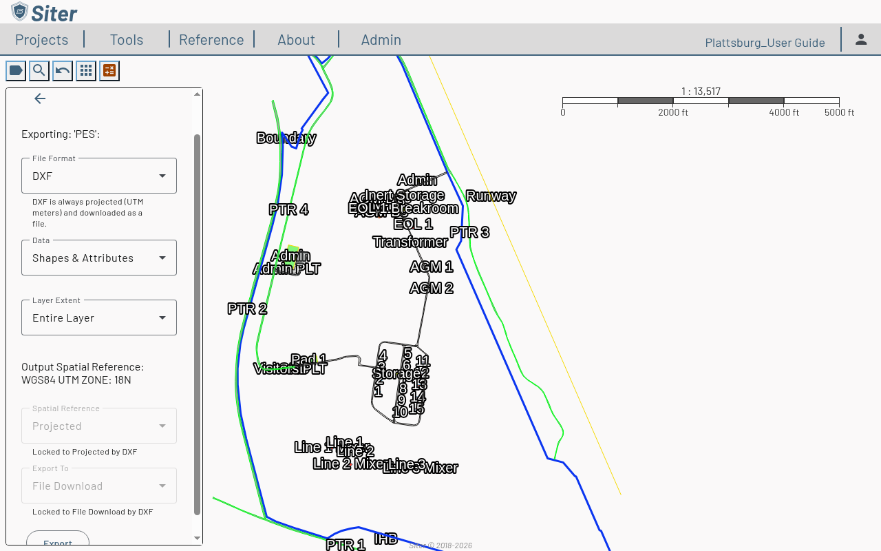 Layer export panel with File Format set to DXF and the Spatial Reference and Export To fields locked