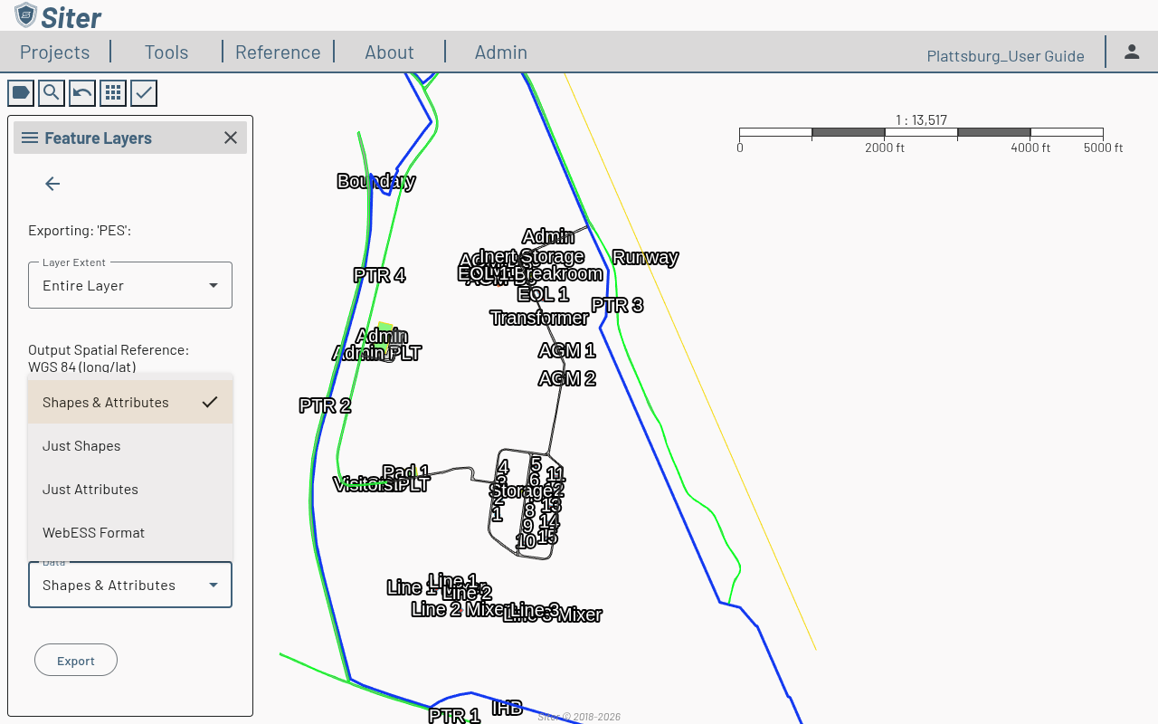 Layer export panel for the PES layer with Layer Extent, Spatial Reference, Export To, and Data dropdowns
