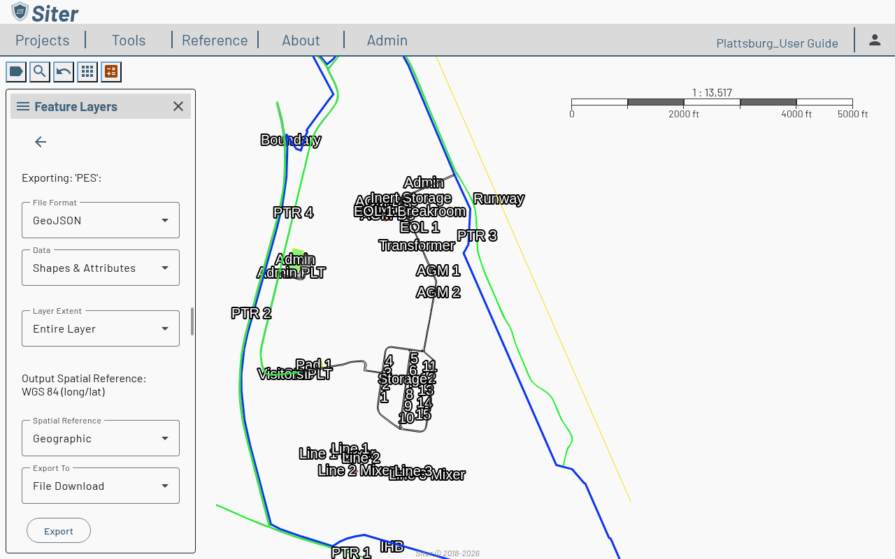 Layer export panel for the PES layer with Layer Extent, Spatial Reference, Export To, and Data dropdowns