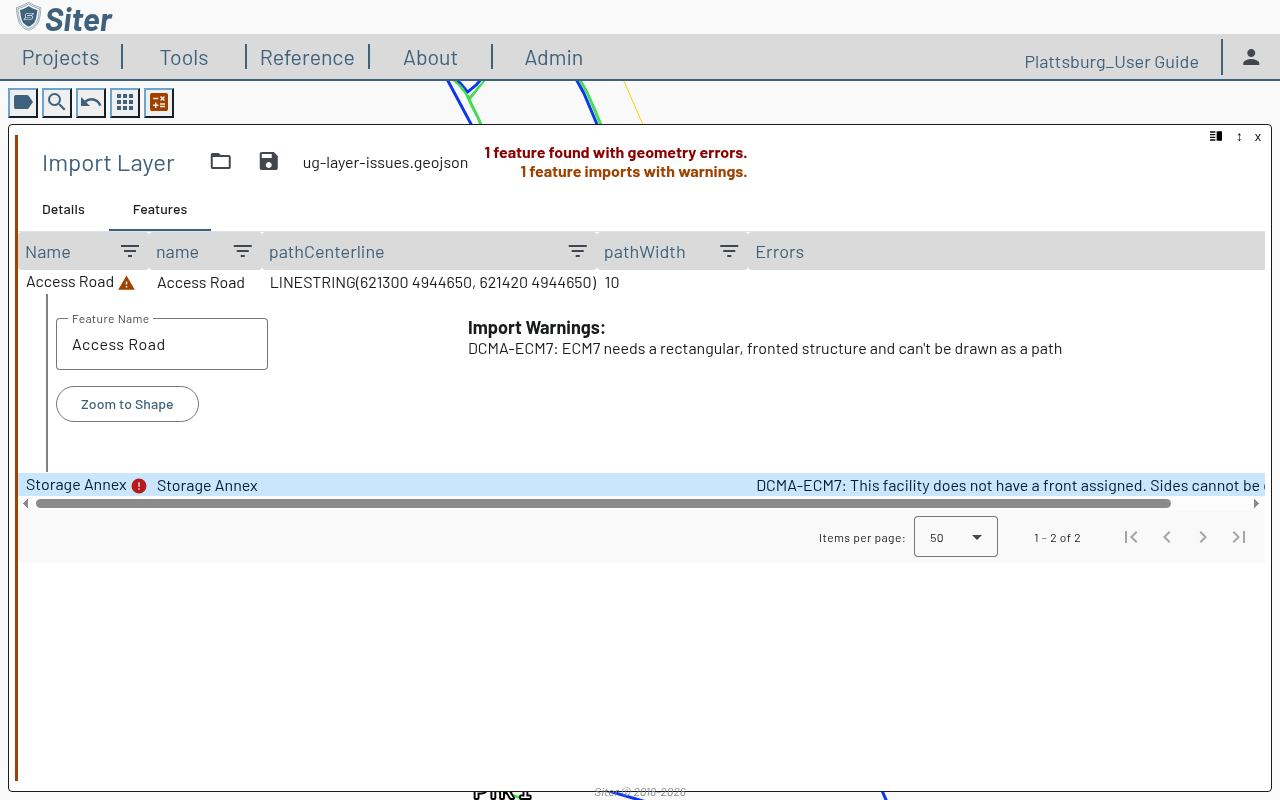 Import Layer Features tab with one row marked by a red error icon and one by an orange warning icon, and the header counts for geometry errors and warnings