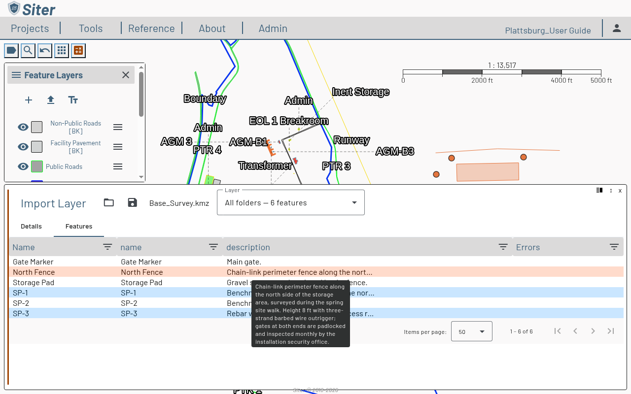 Import Layer Features tab for a KMZ file showing name and description columns, with a long description cut off and its full text in a tooltip