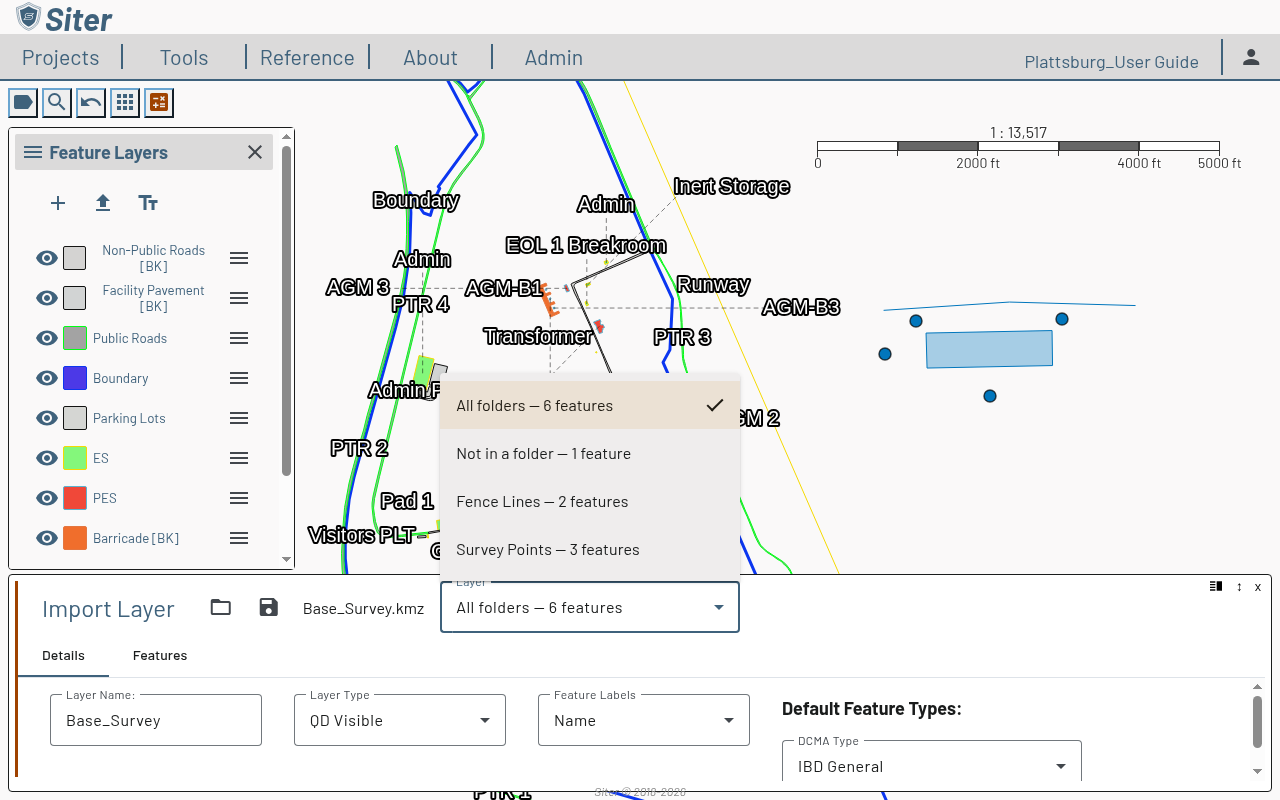 Import Layer panel for a KMZ file with the Layer dropdown open, listing All folders, Not in a folder, Fence Lines, and Survey Points with their feature counts