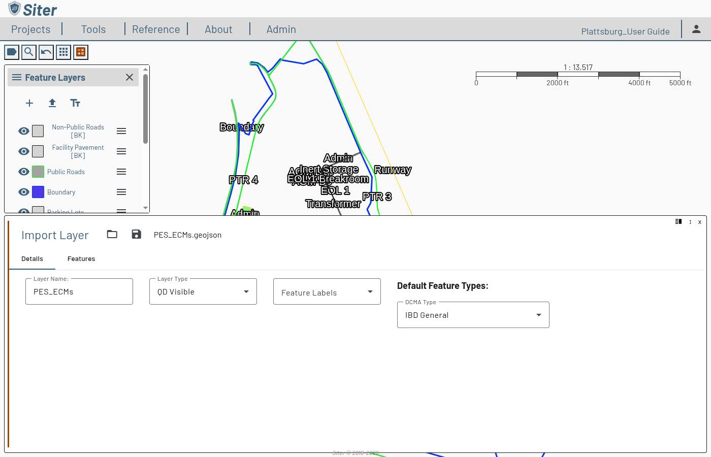 Import Layer panel on the Details tab with Layer Name, Layer Type, Feature Labels, and Default Feature Types fields