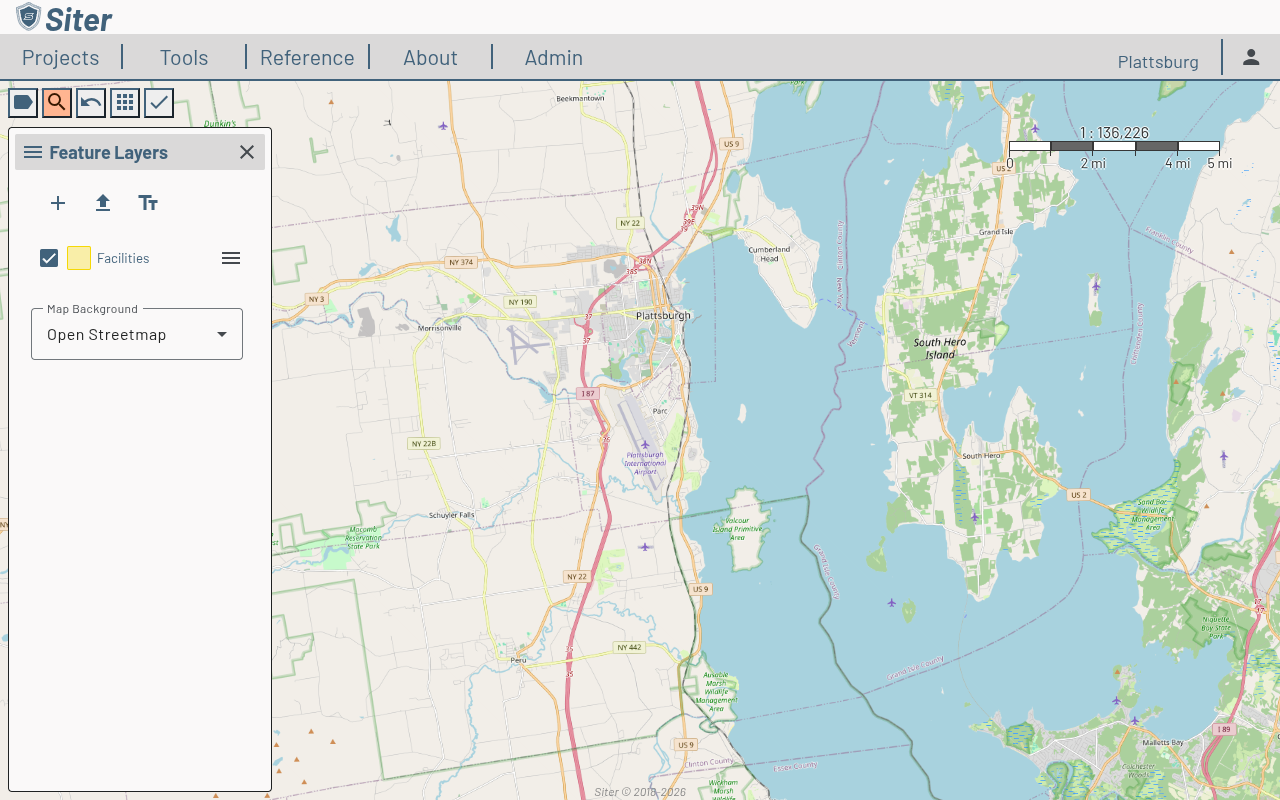 Feature Layers sidebar showing the Facilities layer with visibility checkbox and menu button